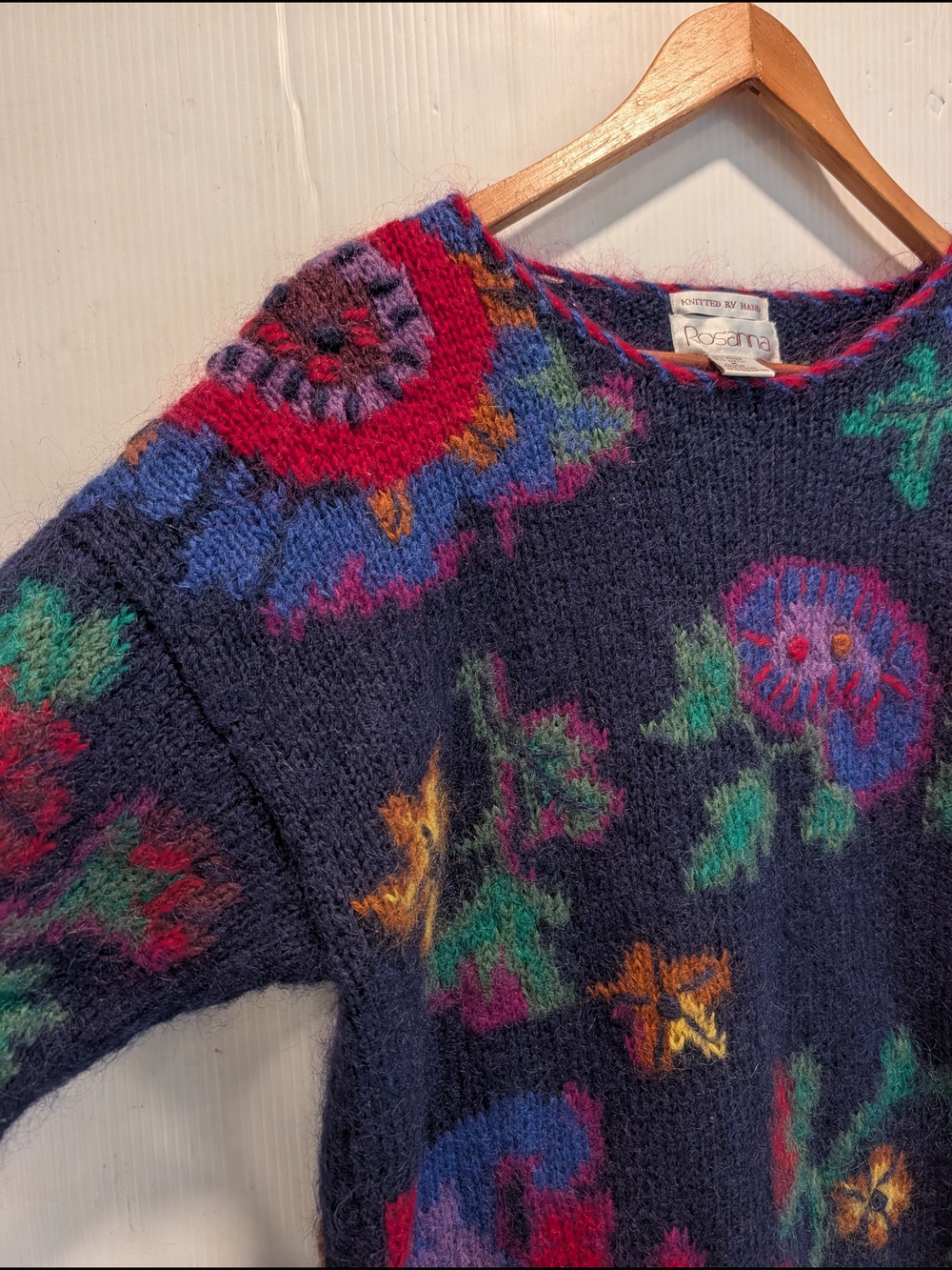 ROSANNA Hand Knitted Bohemian Navy Floral Paisley Mohair Crewneck Sweater Medium - Picture 4 of 11
